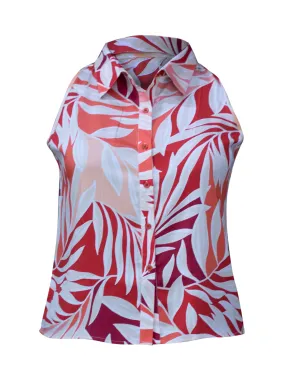 Berrylush Curve Women Multicolour Floral Printed Spread Collar Neck Sleeveless Front Button Curved Hem Regular Shirt