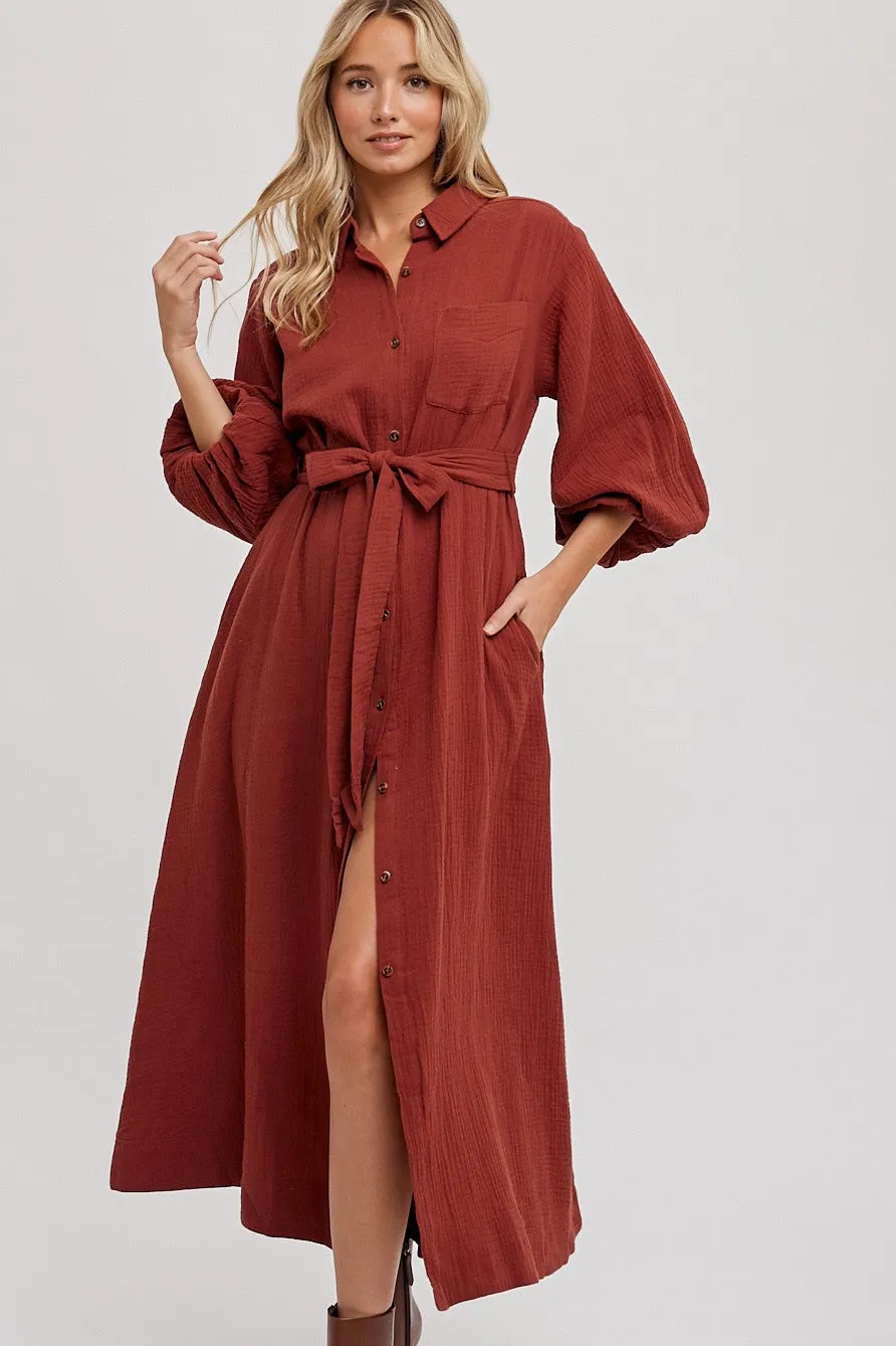 Bubble Sleeve Button-Down Midi Dress