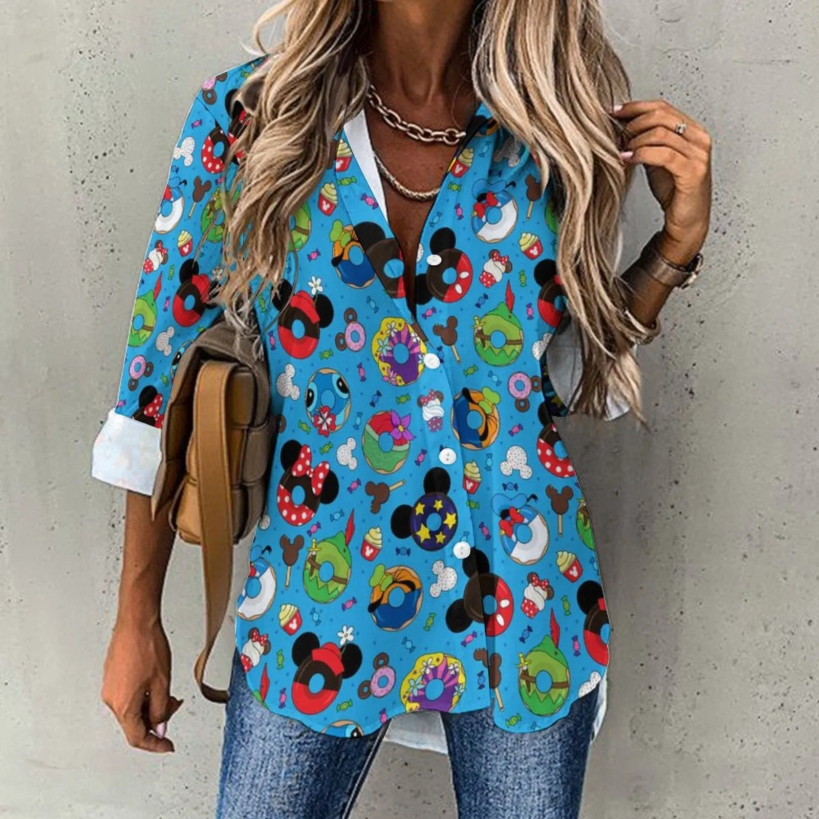 Character Donuts Long Sleeve Button Up Blouse