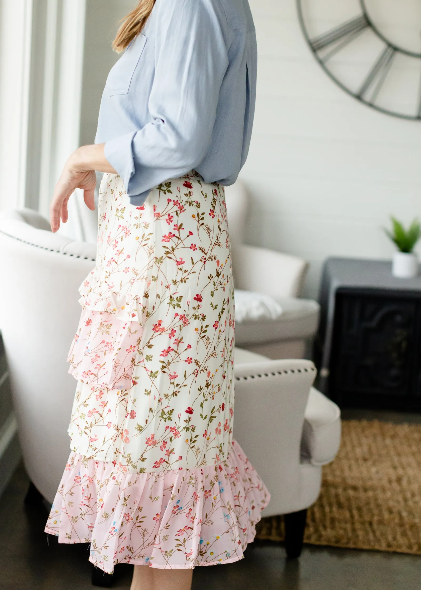 Cherry Blossom Ruffle Front Midi Skirt - FINAL SALE
