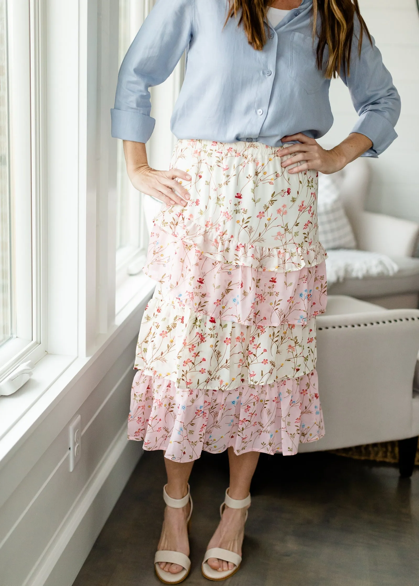 Cherry Blossom Ruffle Front Midi Skirt - FINAL SALE