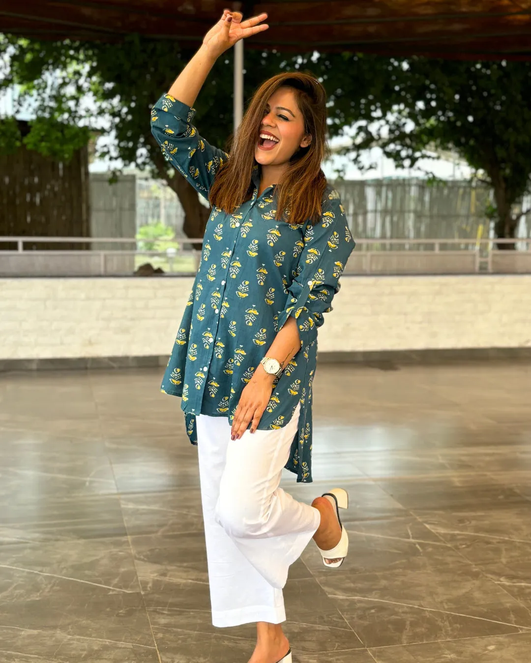 Dark Green Printed Long Cotton Aline Shirt