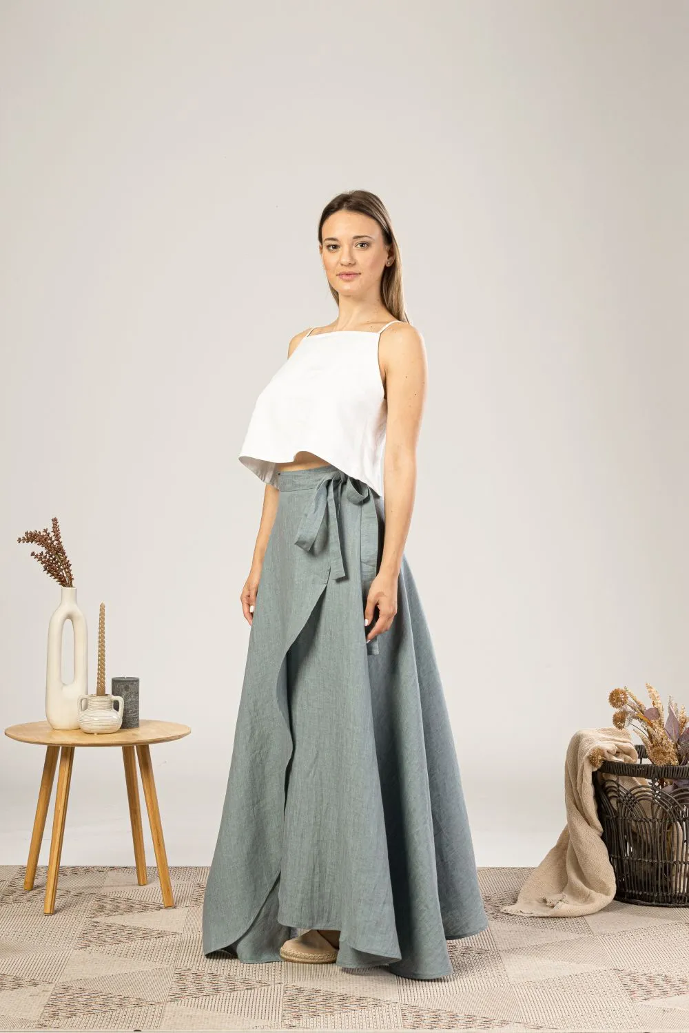 Dusty Blue Linen Wrap Maxi Skirt