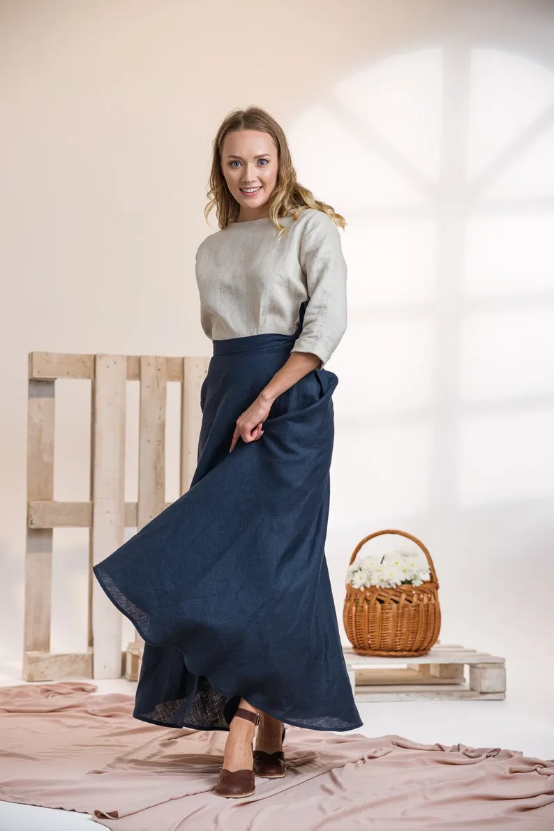 Dusty Blue Linen Wrap Maxi Skirt