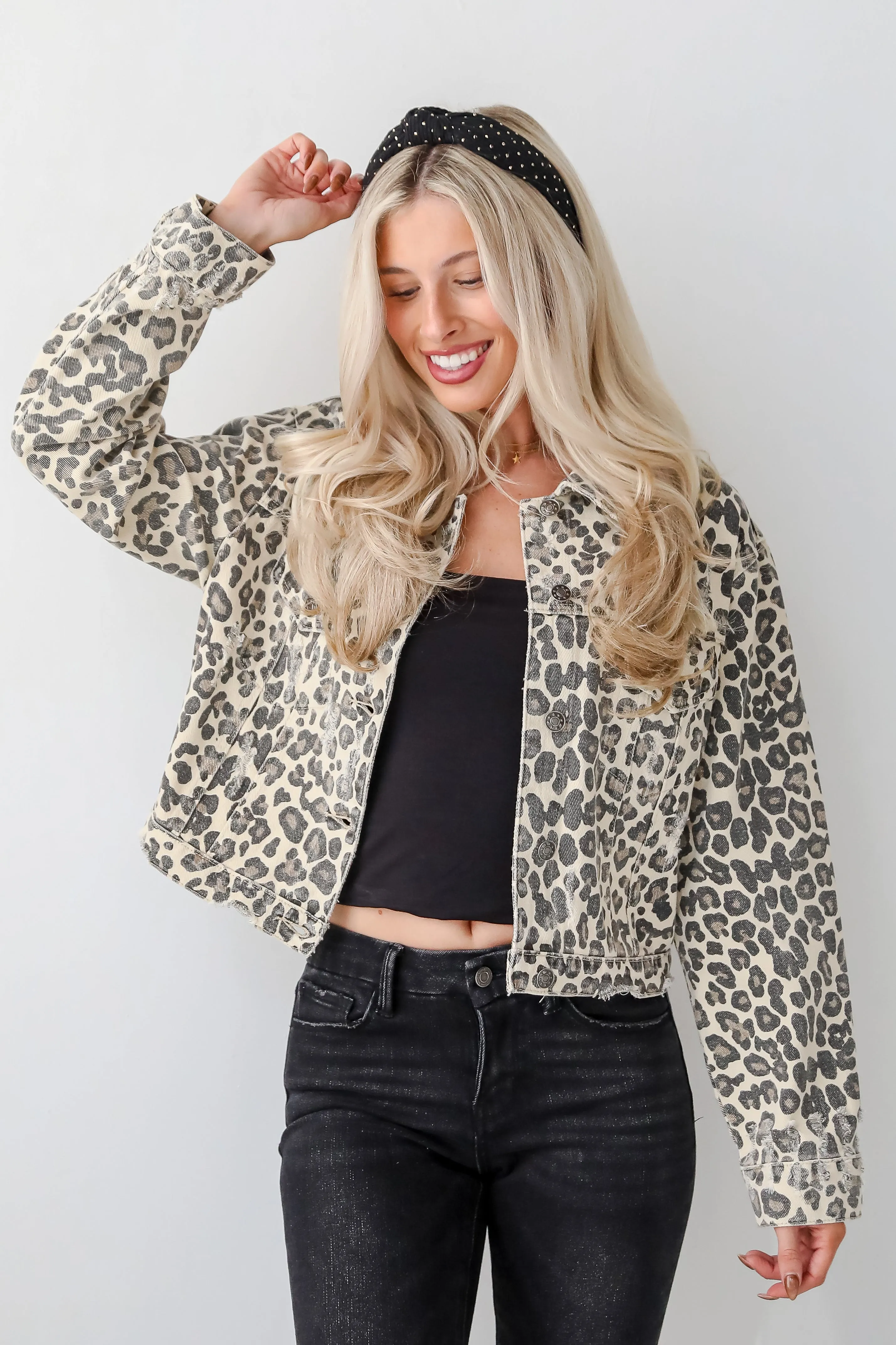 FINAL SALE - Fierce Concept Leopard Cropped Denim Jacket