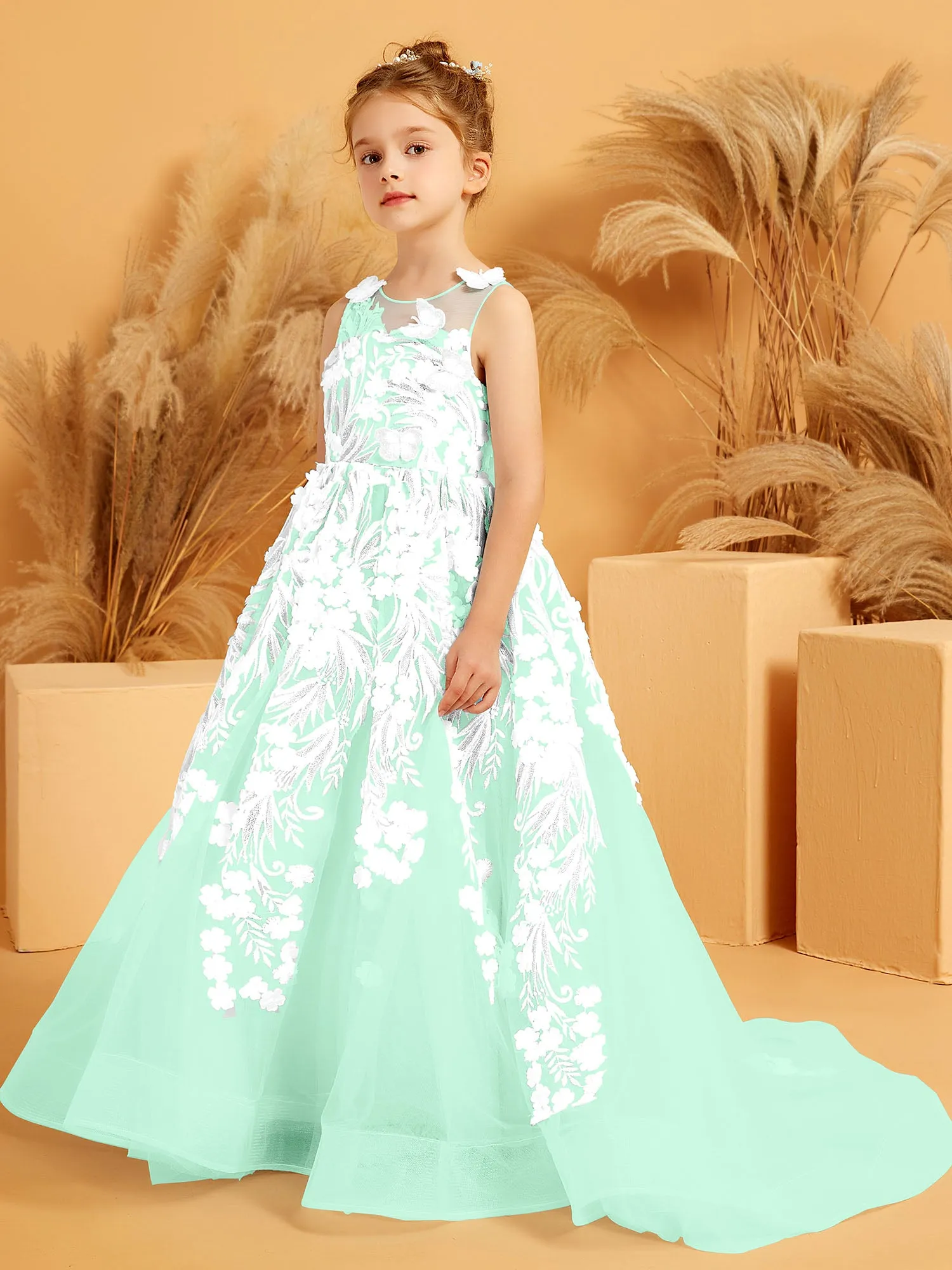 Floral Appliqued Tulle Ball-Gown with 3D Butterfly Accents Mint Green