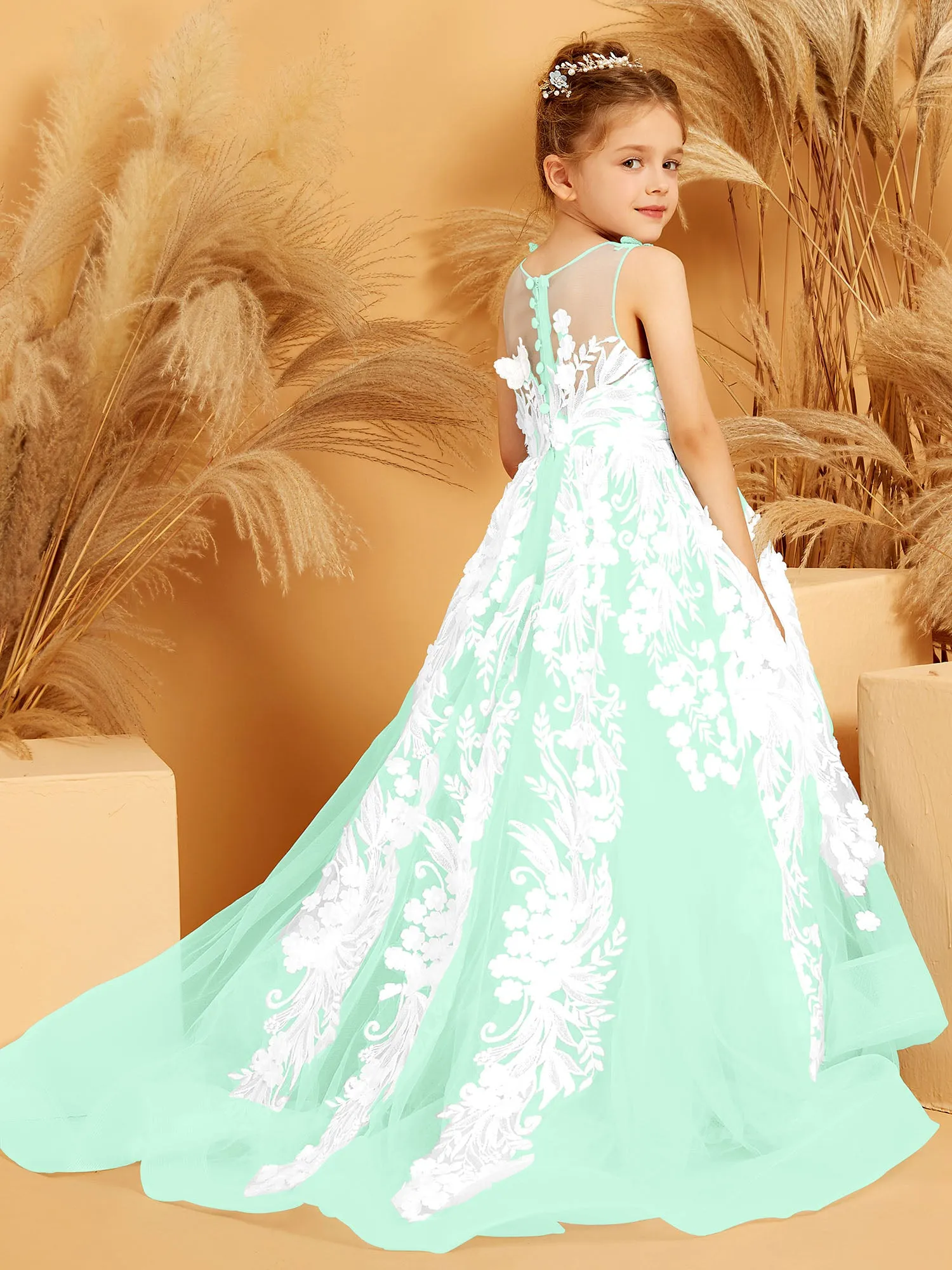 Floral Appliqued Tulle Ball-Gown with 3D Butterfly Accents Mint Green