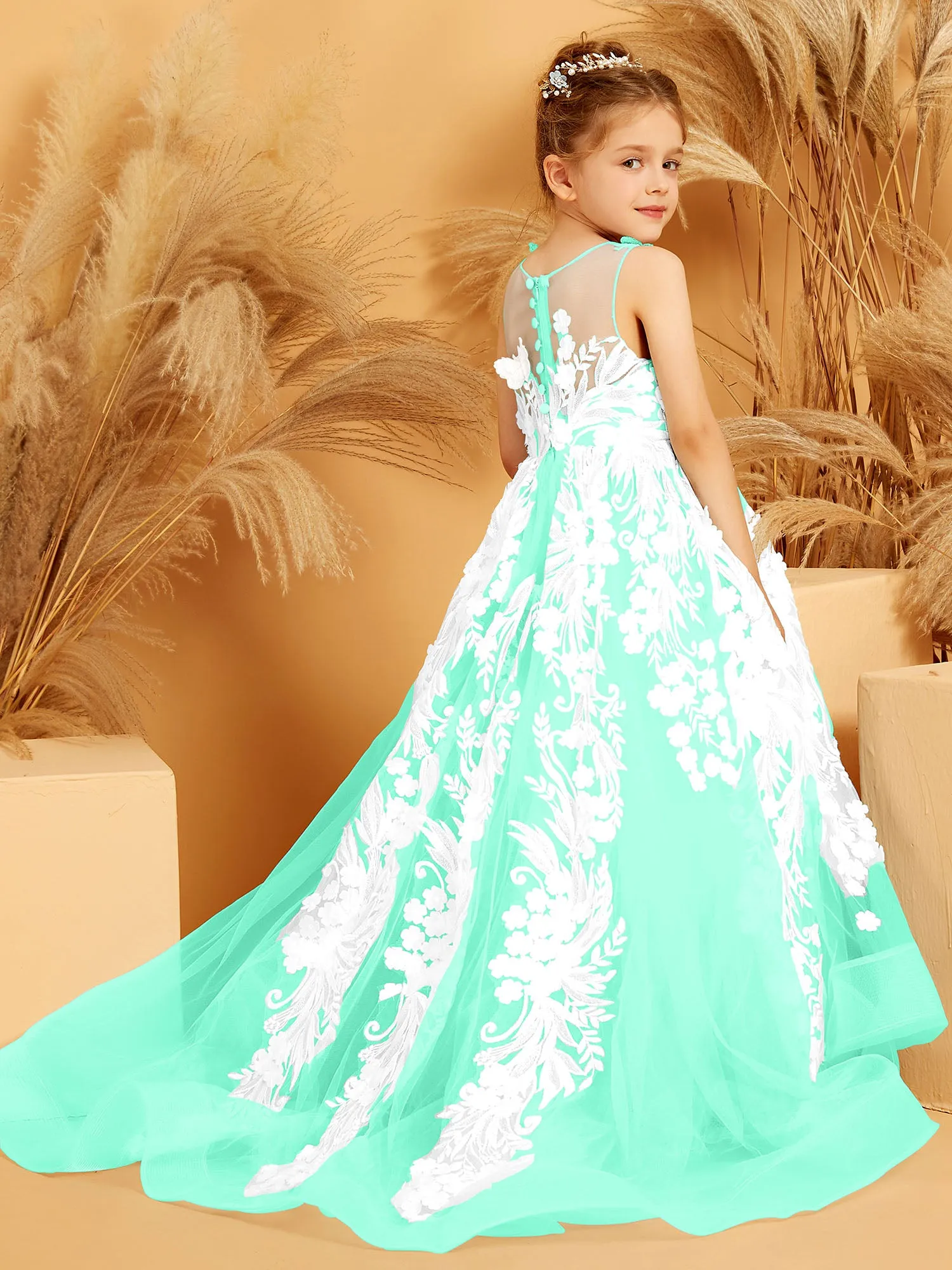 Floral Appliqued Tulle Ball-Gown with 3D Butterfly Accents Turquoise