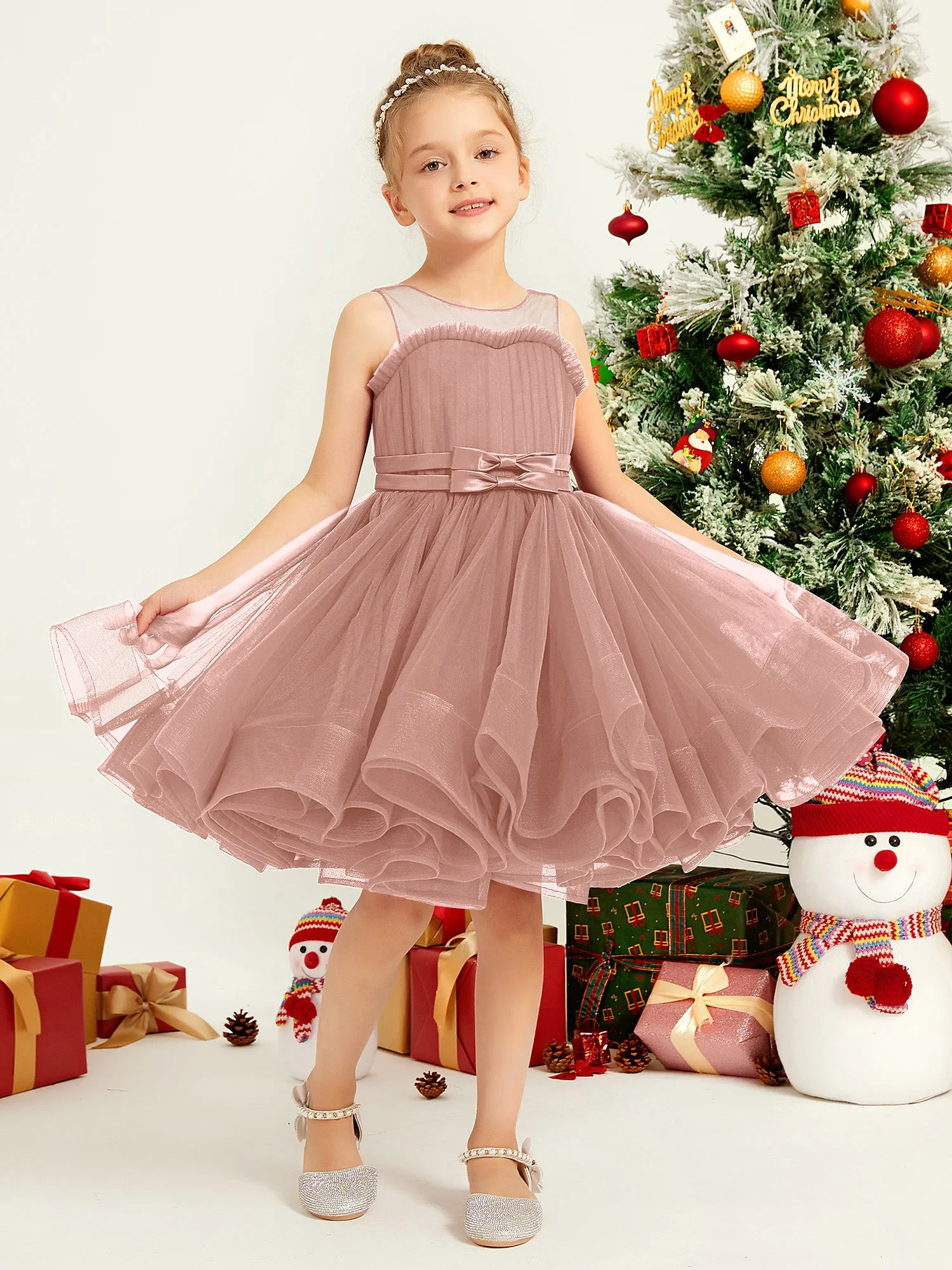 Illusion Sleeveless Pleated Tulle A-line Short Girl Dress Dusty Rose