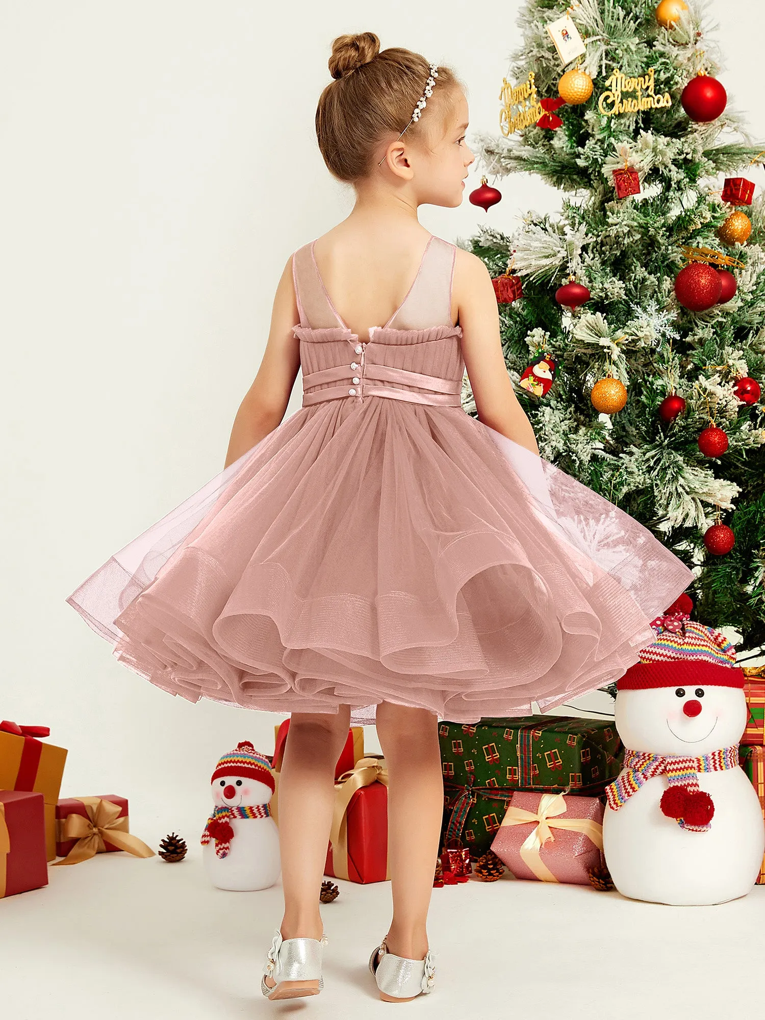 Illusion Sleeveless Pleated Tulle A-line Short Girl Dress Dusty Rose