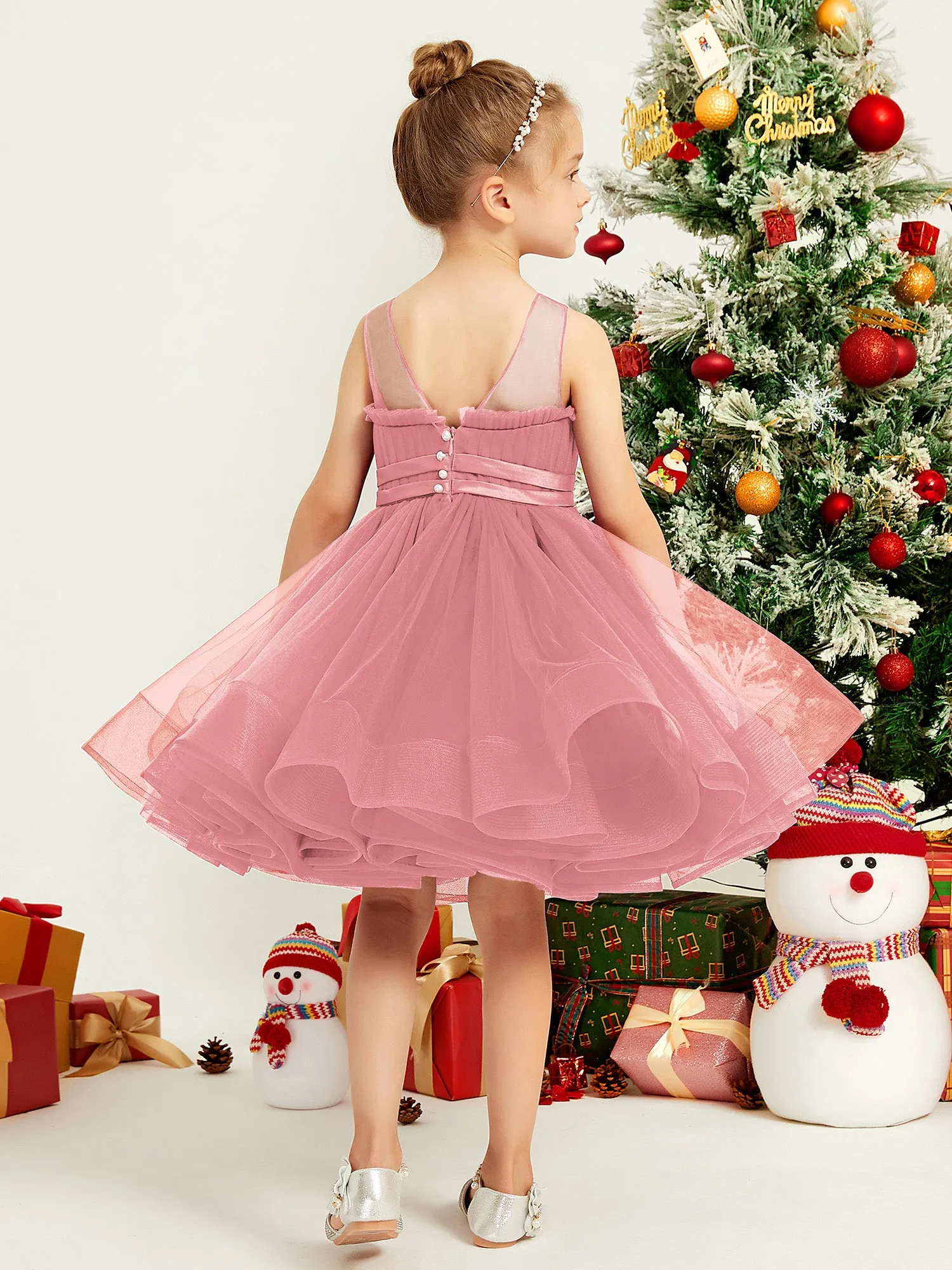 Illusion Sleeveless Pleated Tulle A-line Short Girl Dress Flamingo