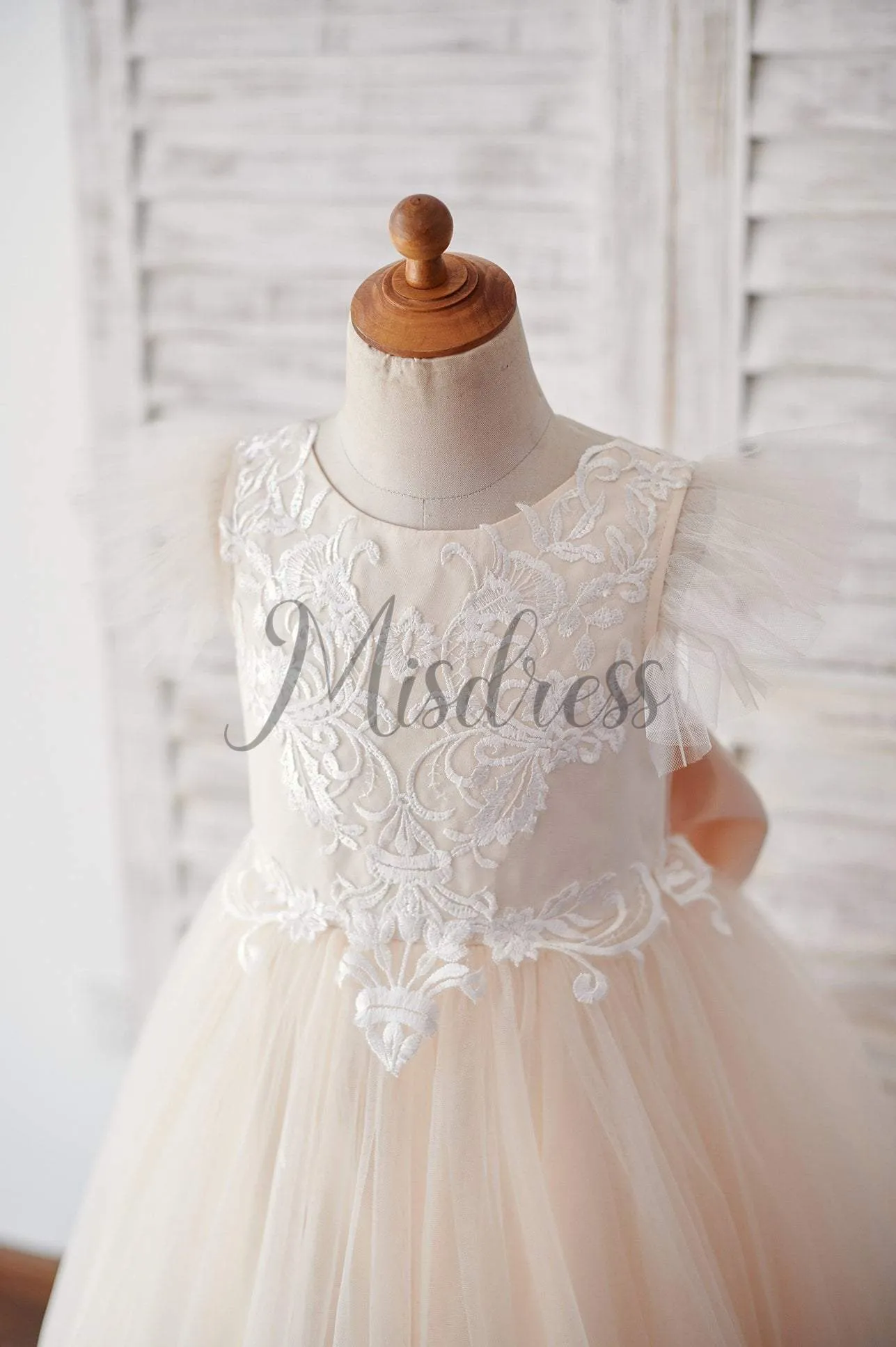Ivory Lace Champagne Tulle Ruffle Sleeves Sheer Back Wedding Flower Girl Dress