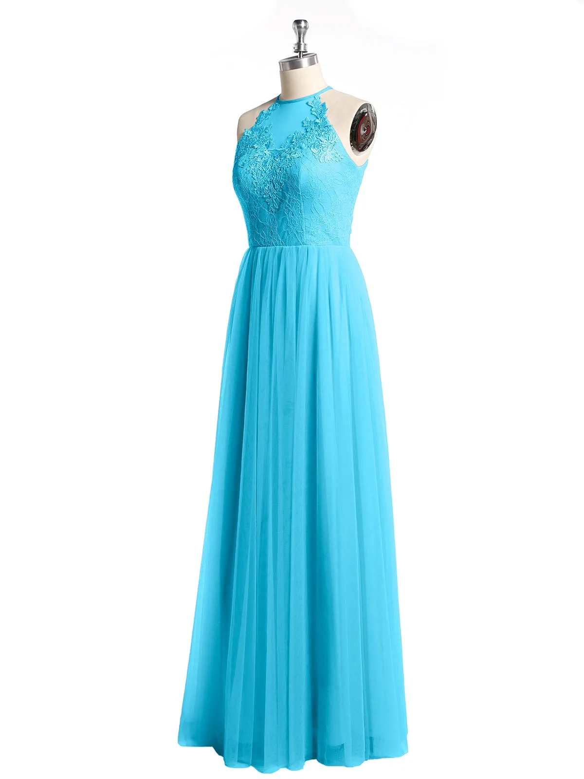 Lace Bodice and Tulle Skirt Long Dresses-Pool