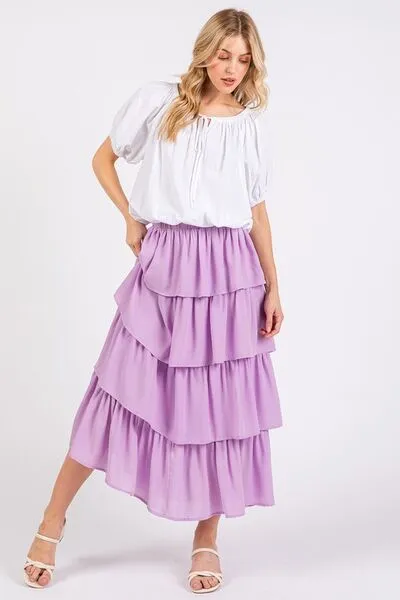 Mittoshop Chiffon Ruffle Layer Elastic Waist Midi Skirt