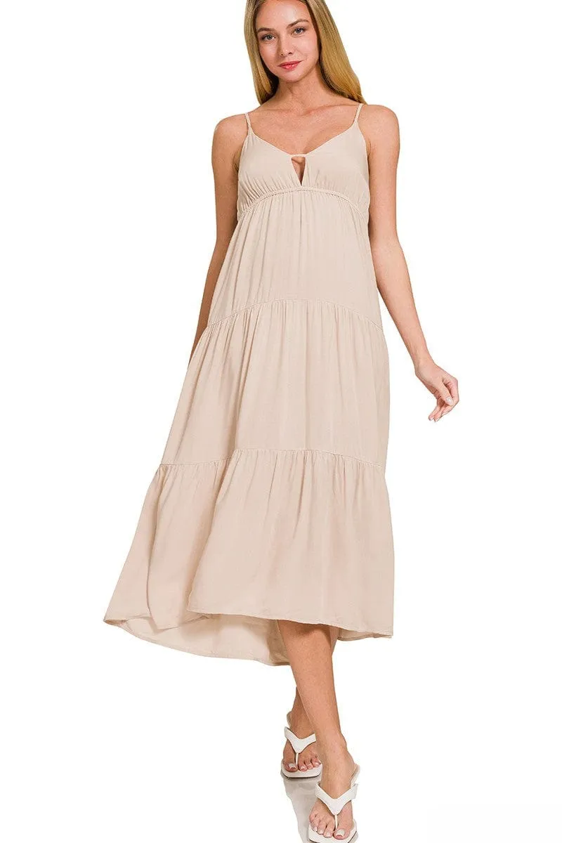 Zenana Woven Sweetheart Neckline Tiered Cami Midi Dress